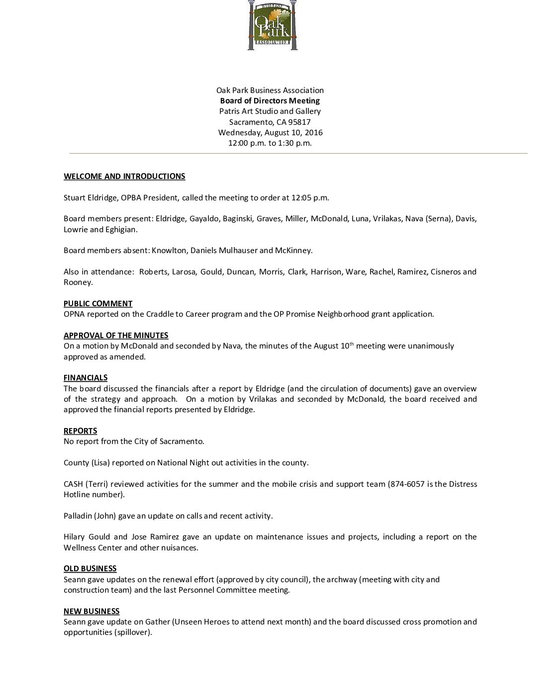 August 2016 Meeting Minutes