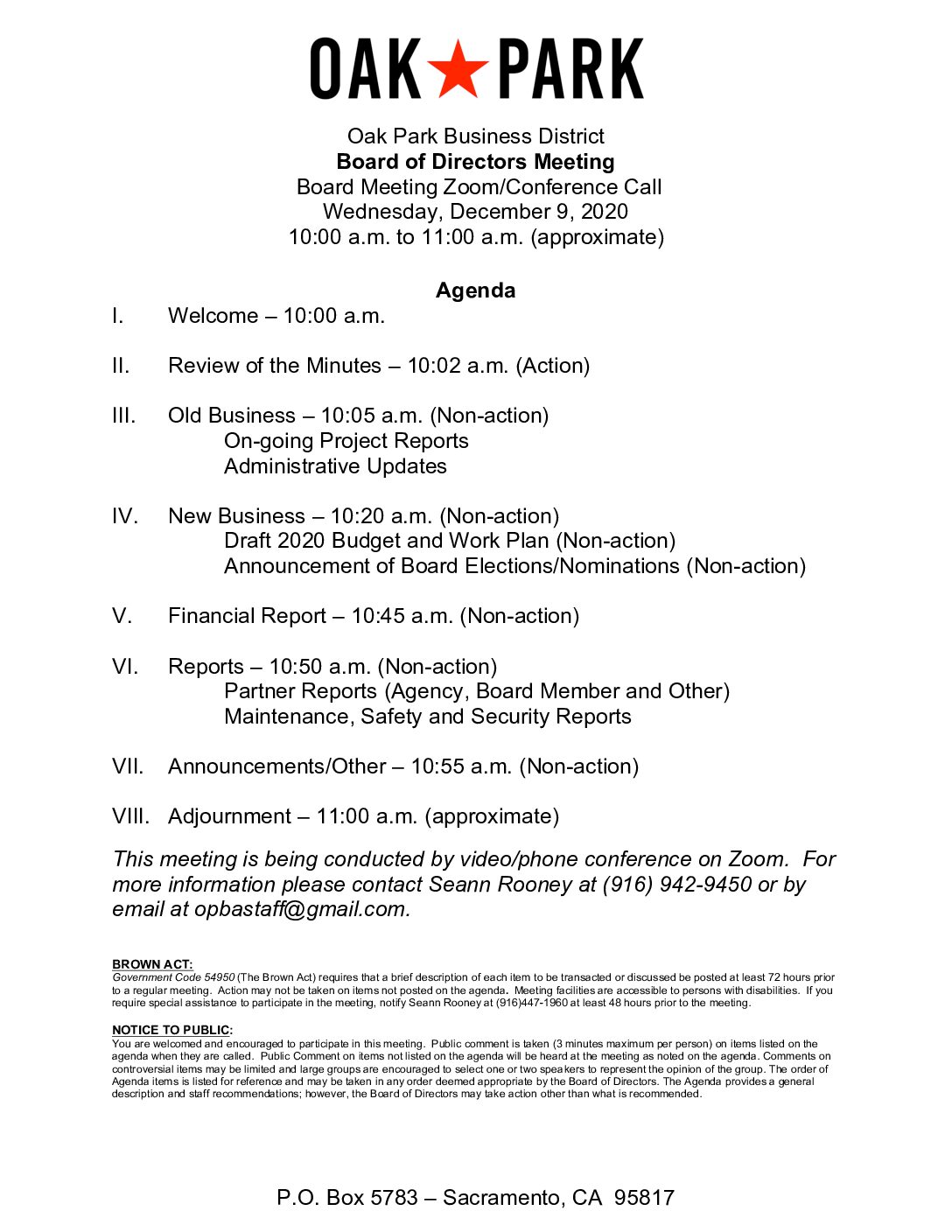 December 2020 Agenda