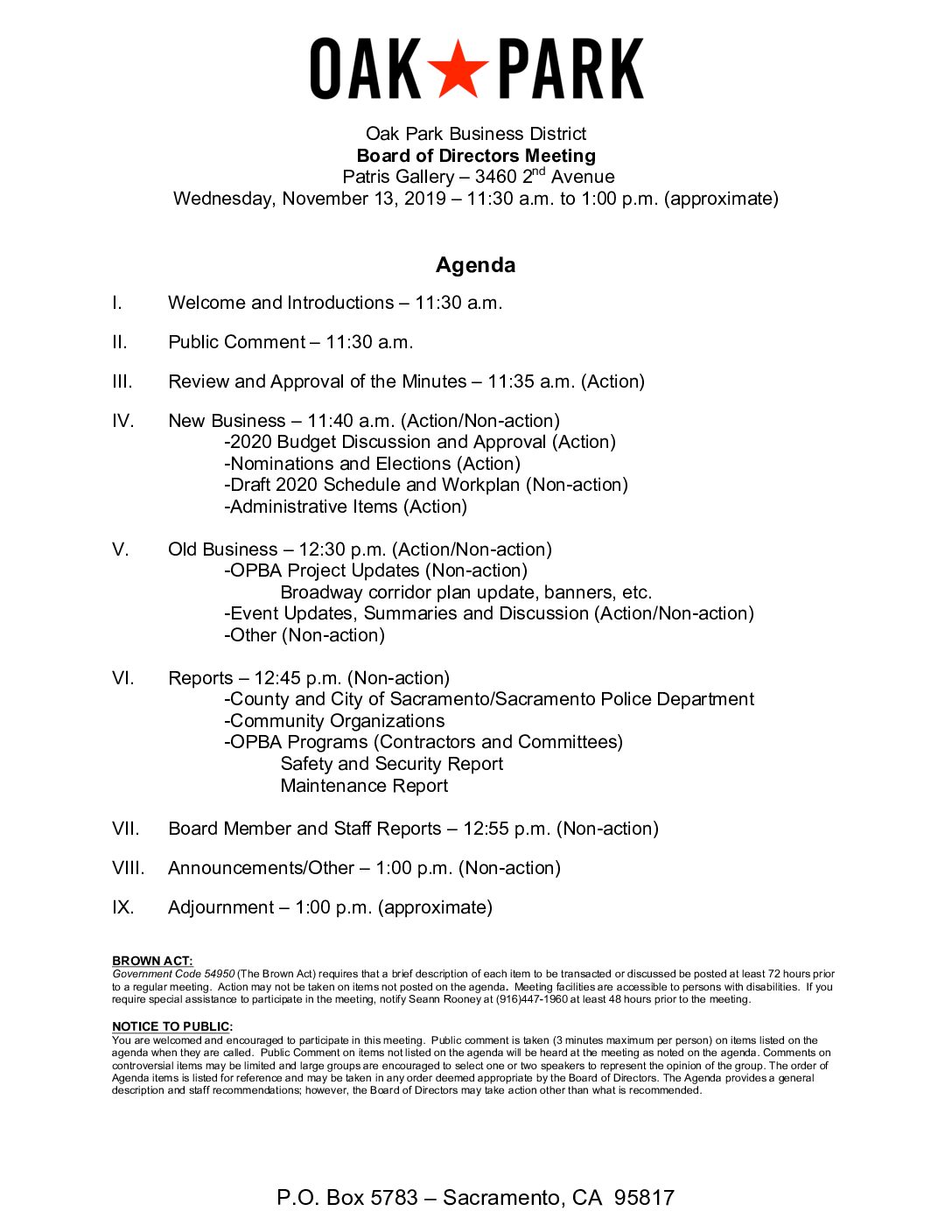 November 2019 Agenda