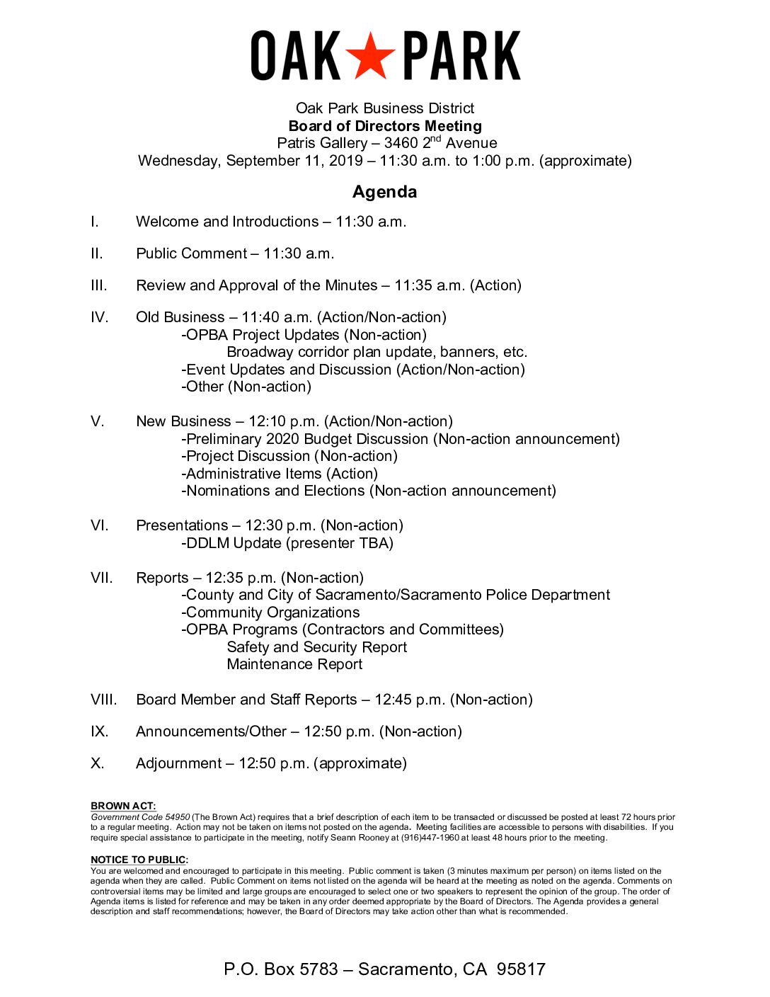 September 2019 Agenda