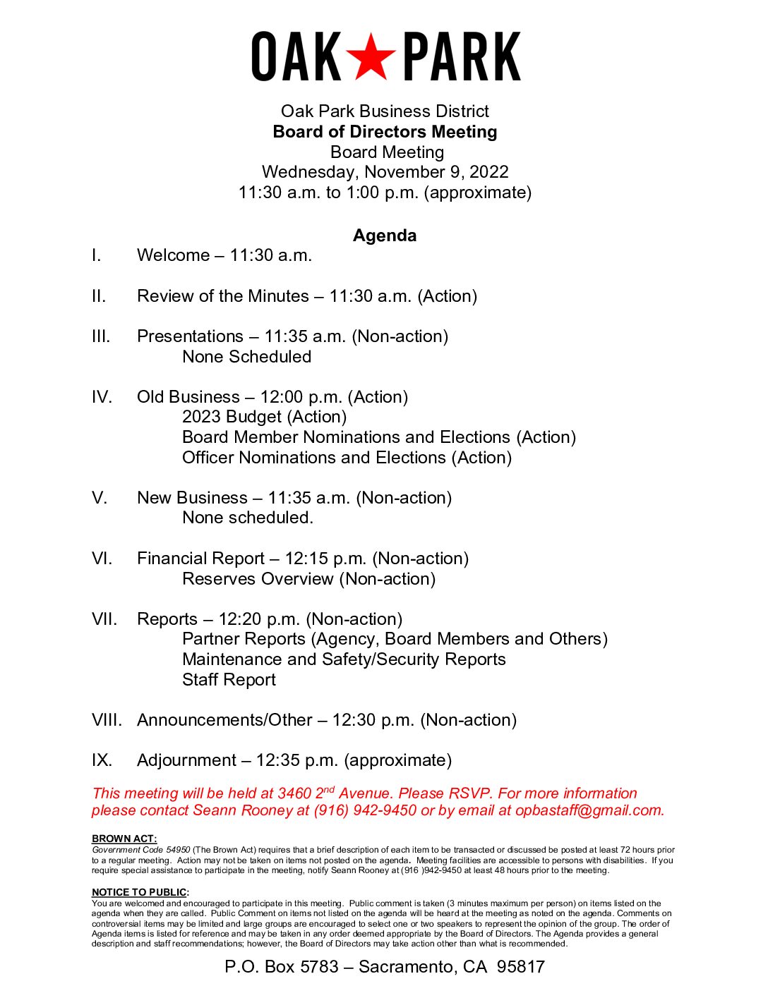 November 2022 Agenda