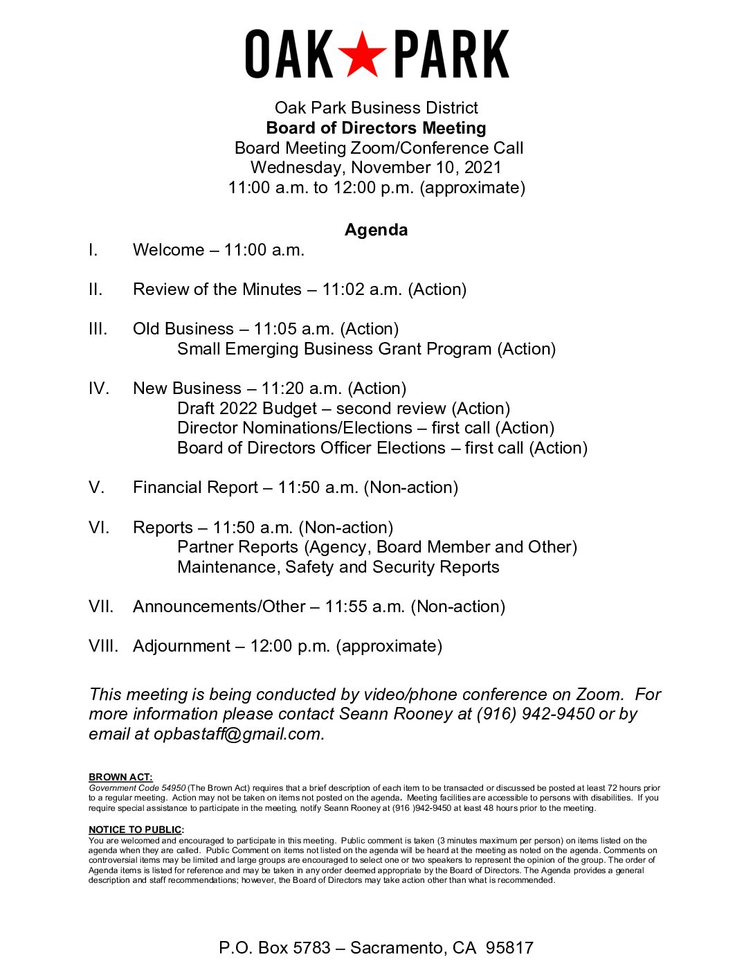 November 2021 Agenda