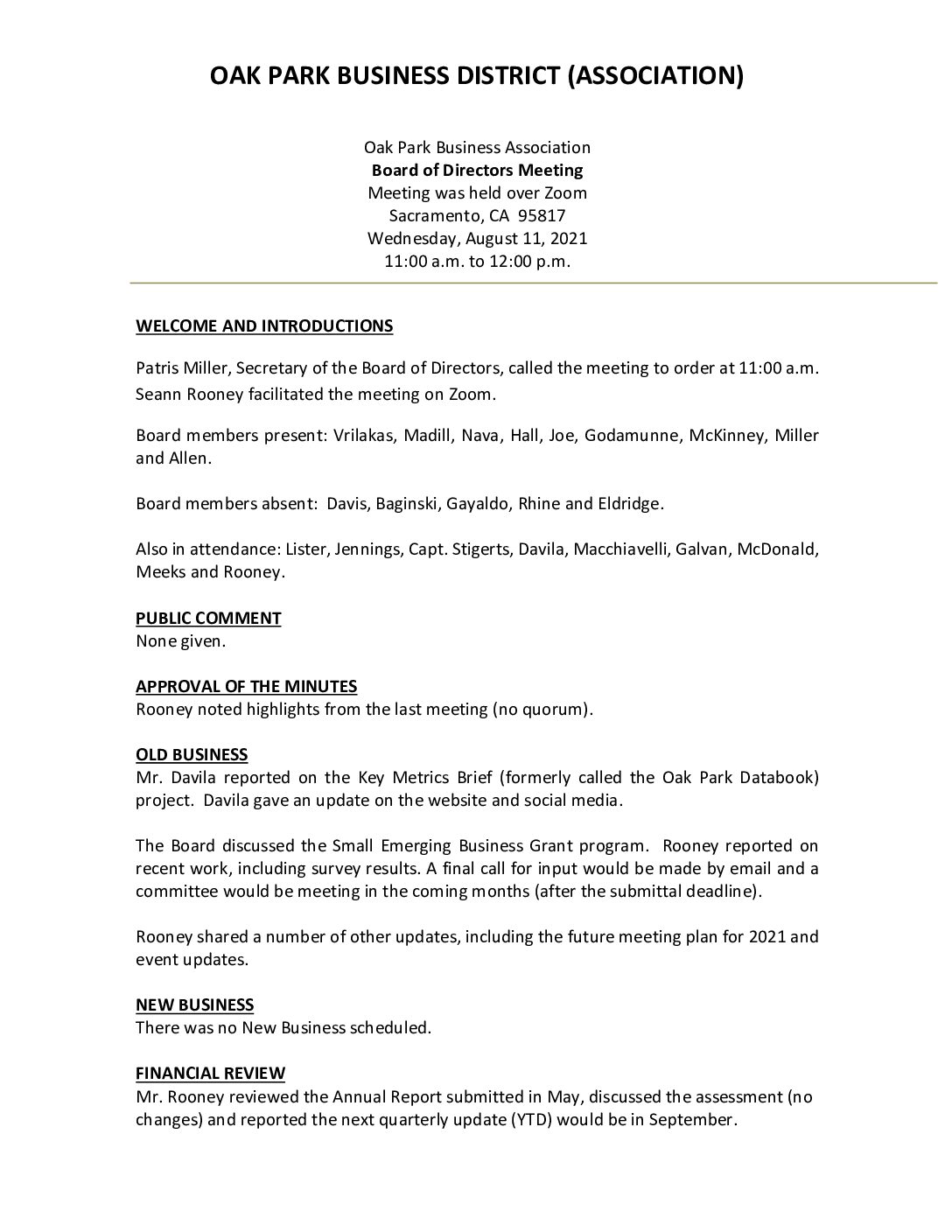 August 2021 Meeting Minutes