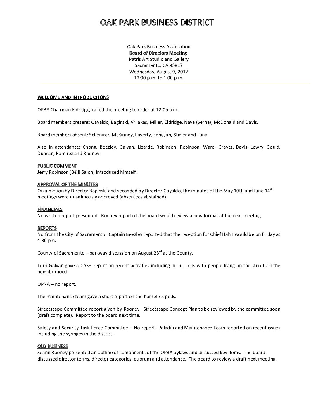 August 2017 Meeting Minutes