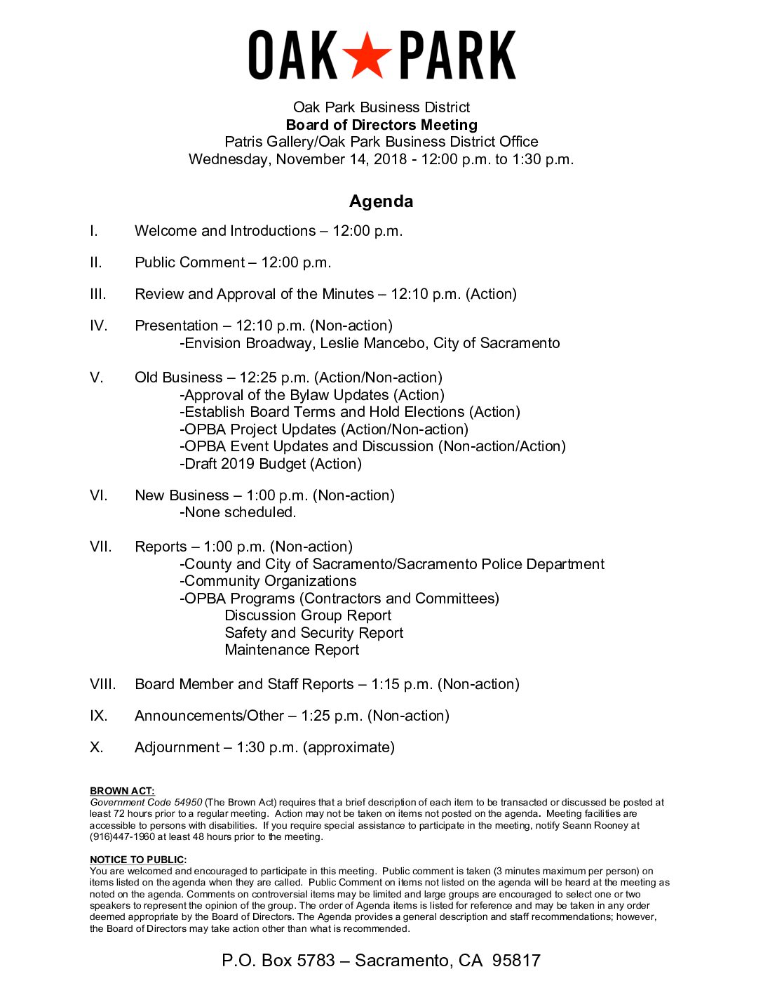 November 2018 Agenda