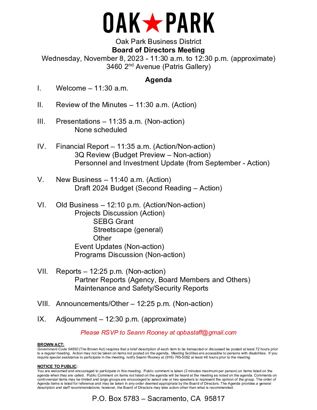 November 2023 Agenda