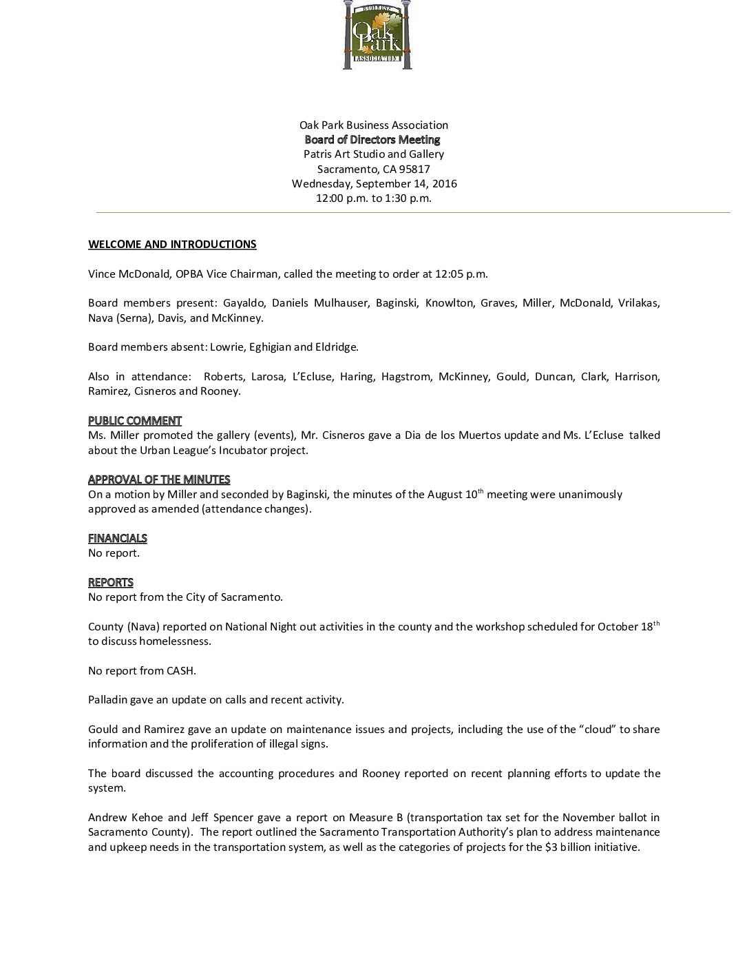 September 2016 Meeting Minutes